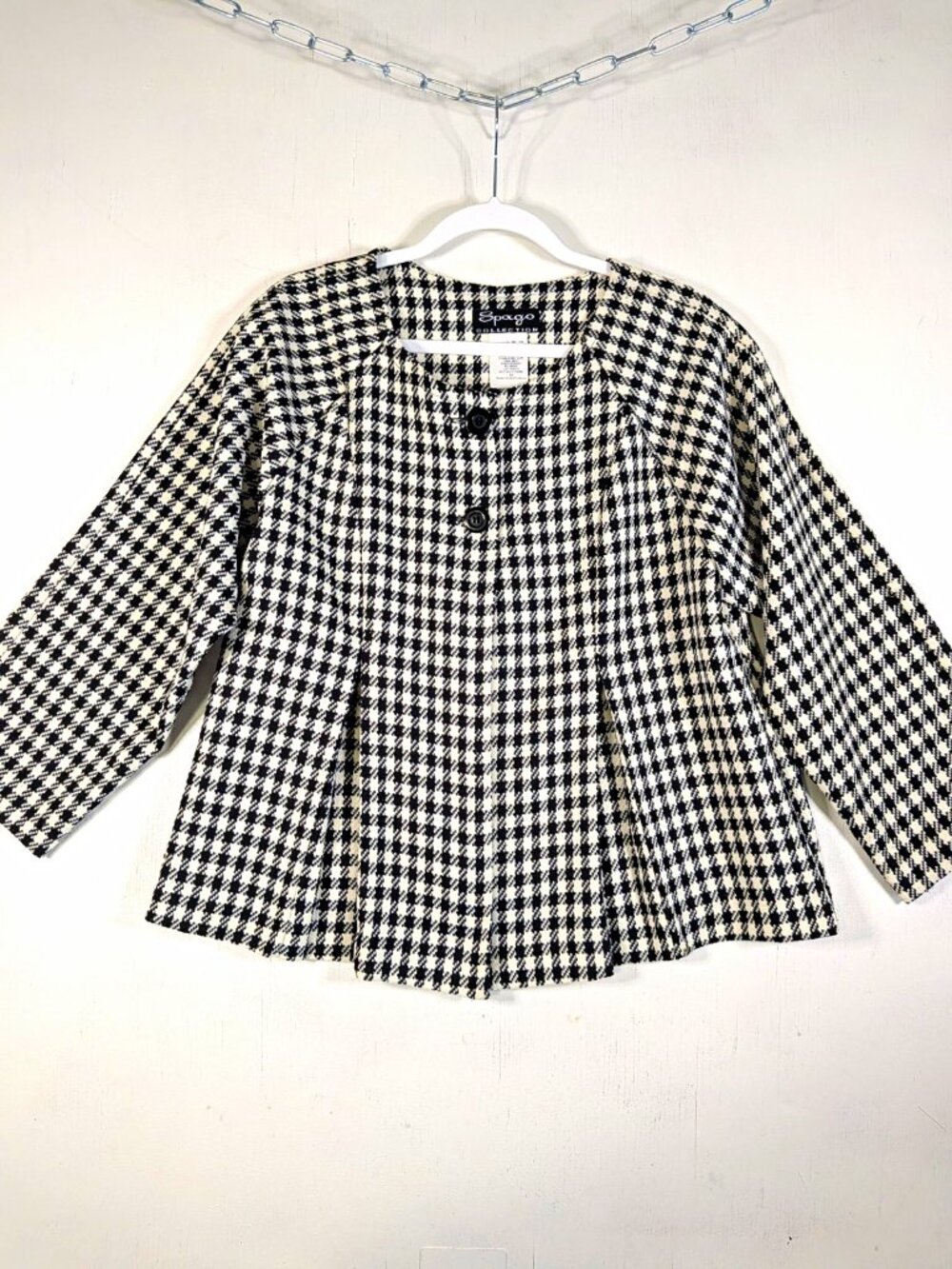 Vintage Black White Houndstooth Swing Jacket Collarless Pleated 3/4 Sleeve Sz 10